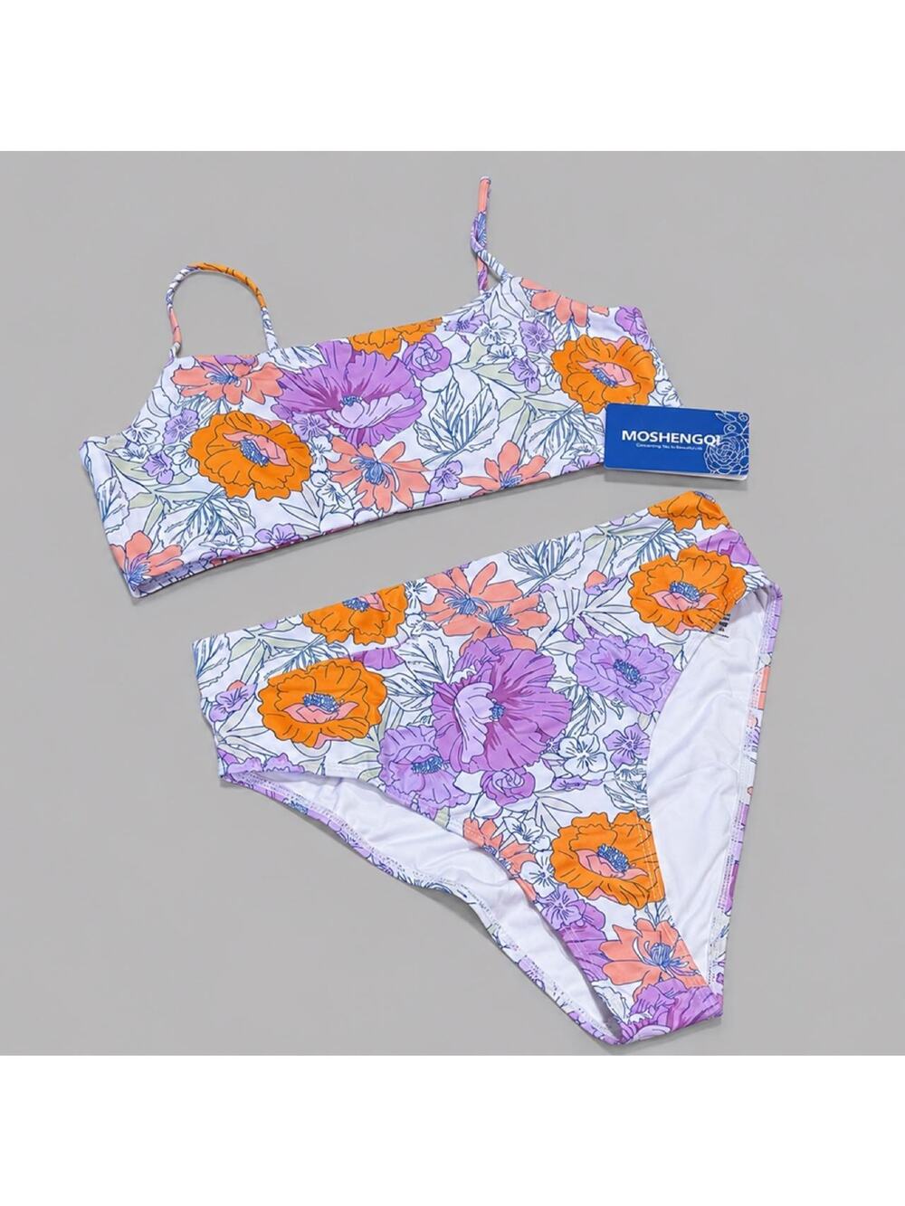 NWT Floral Bikini Set Womens High Waisted Bottoms Adjustable Straps
